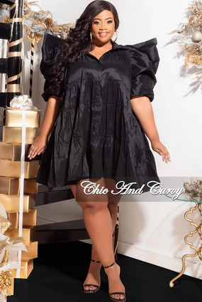 Final Sale Plus Size Puffy Sleeve 3-Tiered Button Up Collar Baby Doll Dress in Black Secure fit