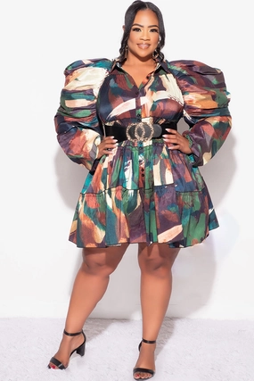 Comfortable Fashion Chafe Free Final Sale Plus Size Puffy Sleeve 3-Tiered Button Up Collar Baby Doll Dress in Green and Brown Multicolor