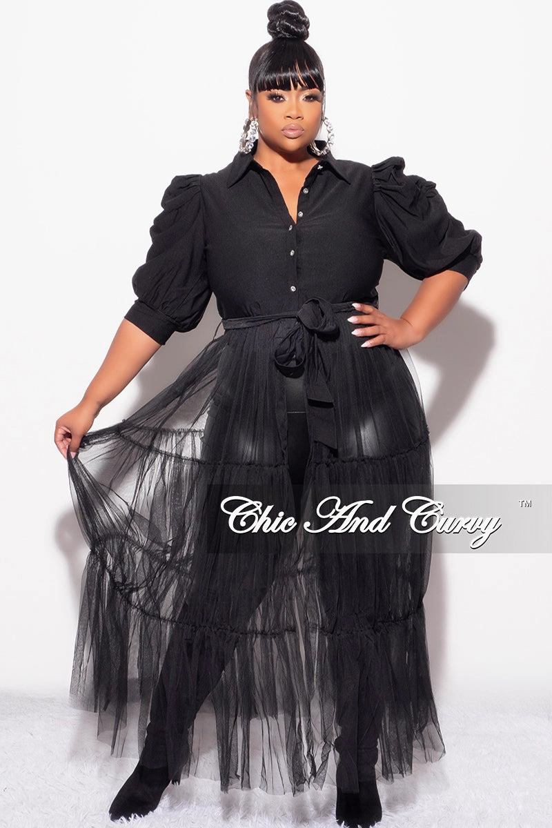 Smooth Fit Lining Flattering Comfort Wear Final Sale Plus Size Puffy Sleeve Button Up Top with Mesh Train in Black