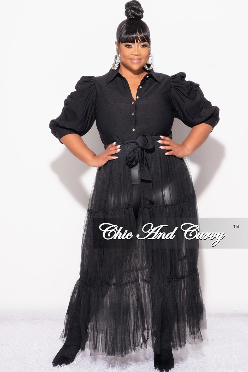 Base Layer Cozy Casual Final Sale Plus Size Puffy Sleeve Button Up Top with Mesh Train in Black