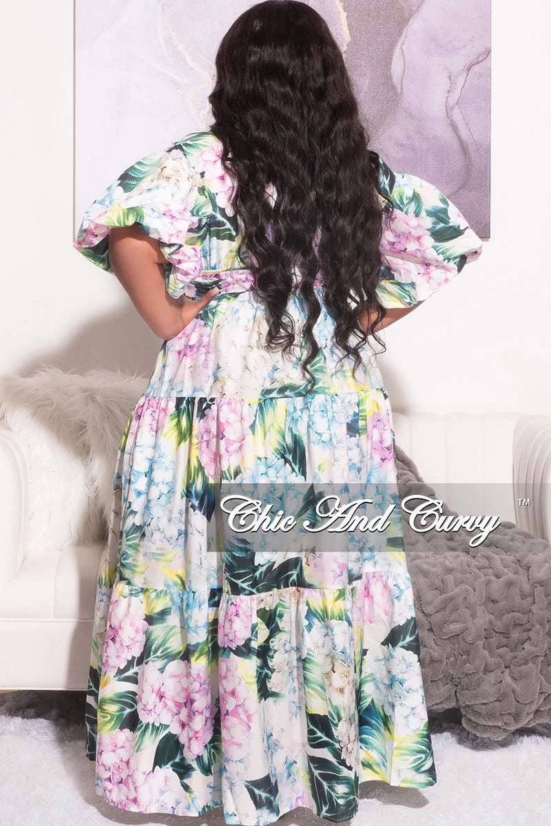Perfectly Fit Final Sale Plus Size Puffy Sleeve Front Tie Cut Out Tiered Maxi Dress in Floral Multi Color Print