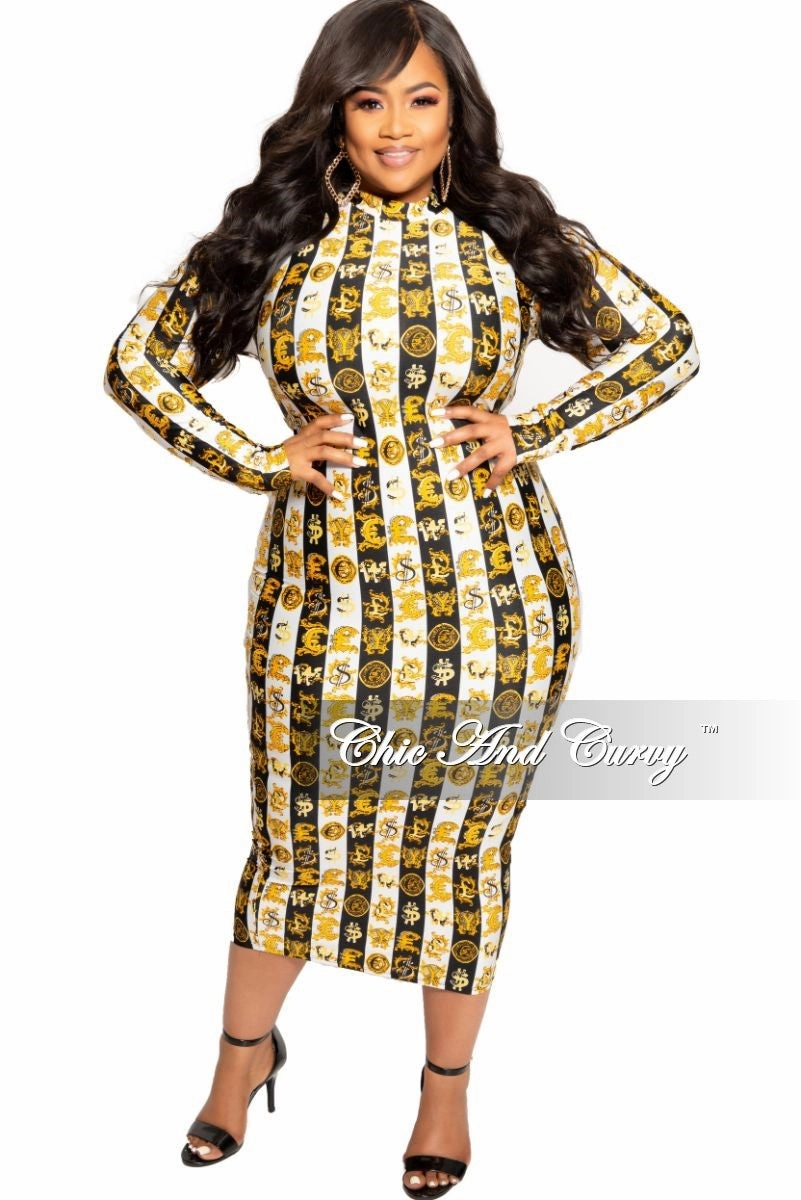 Final Sale Plus Size Reversible BodyCon Dress in Black White and Gold Design Print Classy Fit Everyday Flex