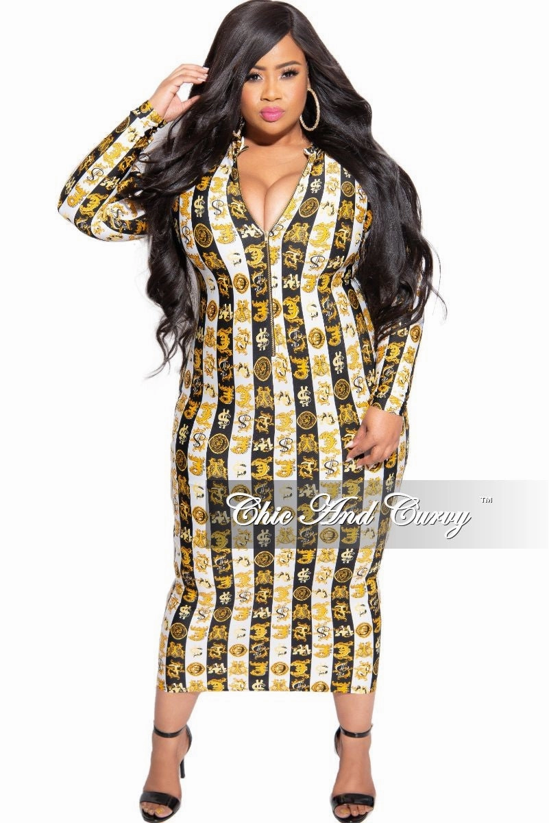 Chilly Weather Fit Everyday Flex Final Sale Plus Size Reversible BodyCon Dress in Black White and Gold Design Print