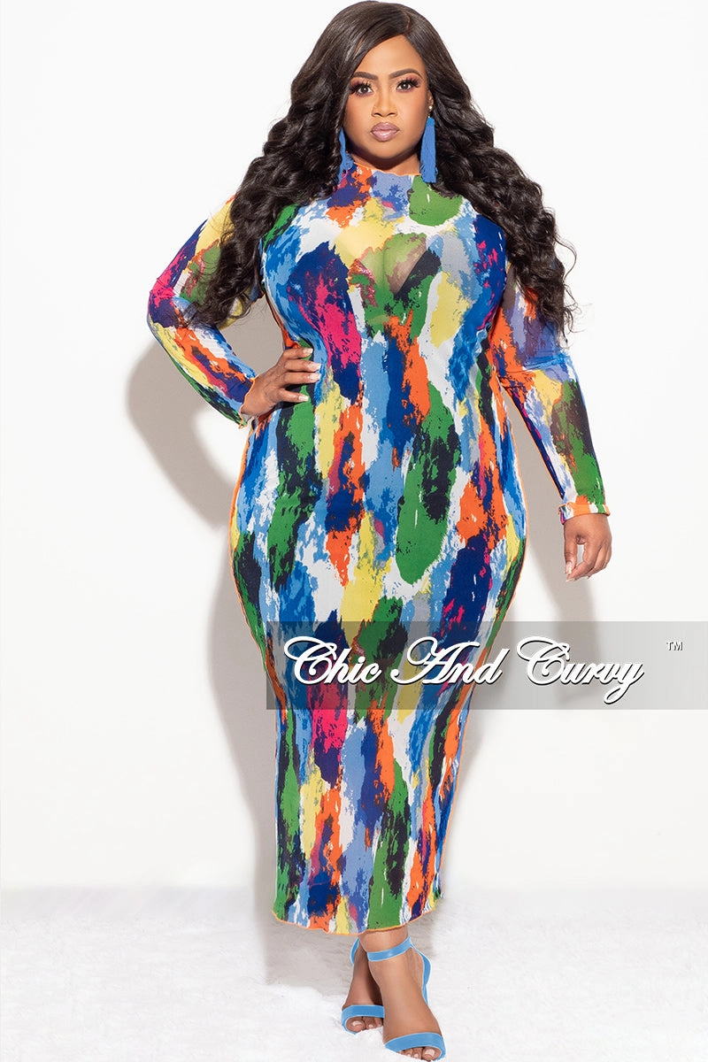 Final Sale Plus Size Reversible BodyCon Dress In Mesh with Multi-Color Paint Print BreathableLining