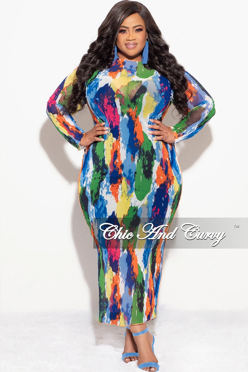 Rubberized grip Final Sale Plus Size Reversible BodyCon Dress In Mesh with Multi-Color Paint Print