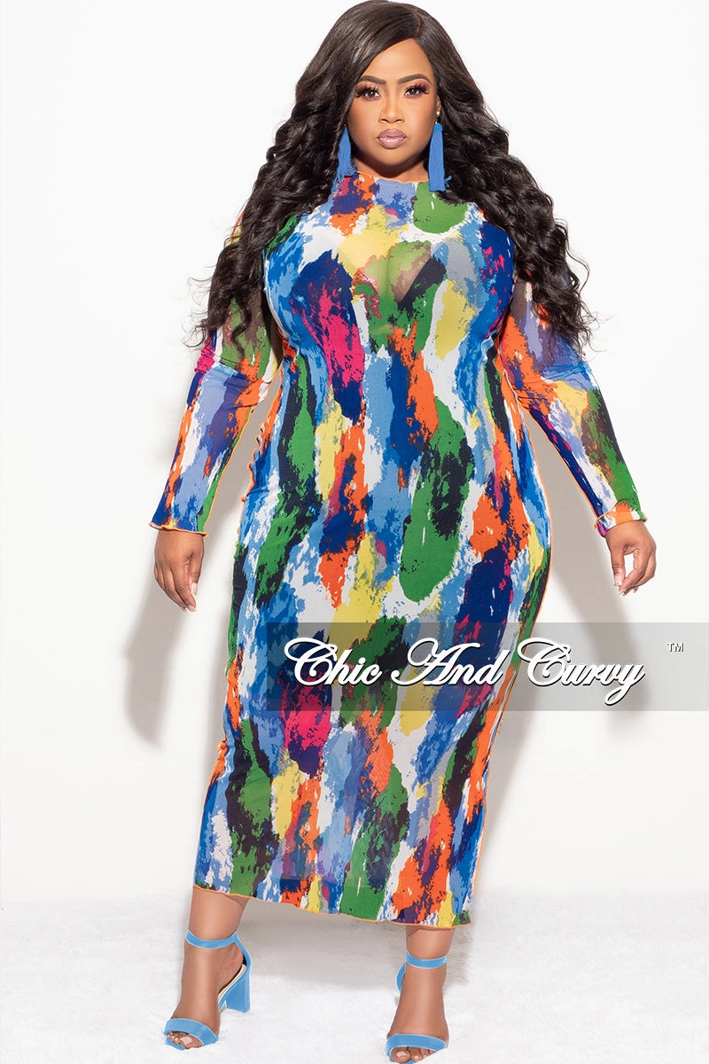 Tear Resistant Basic Utility Final Sale Plus Size Reversible BodyCon Dress In Mesh with Multi-Color Paint Print