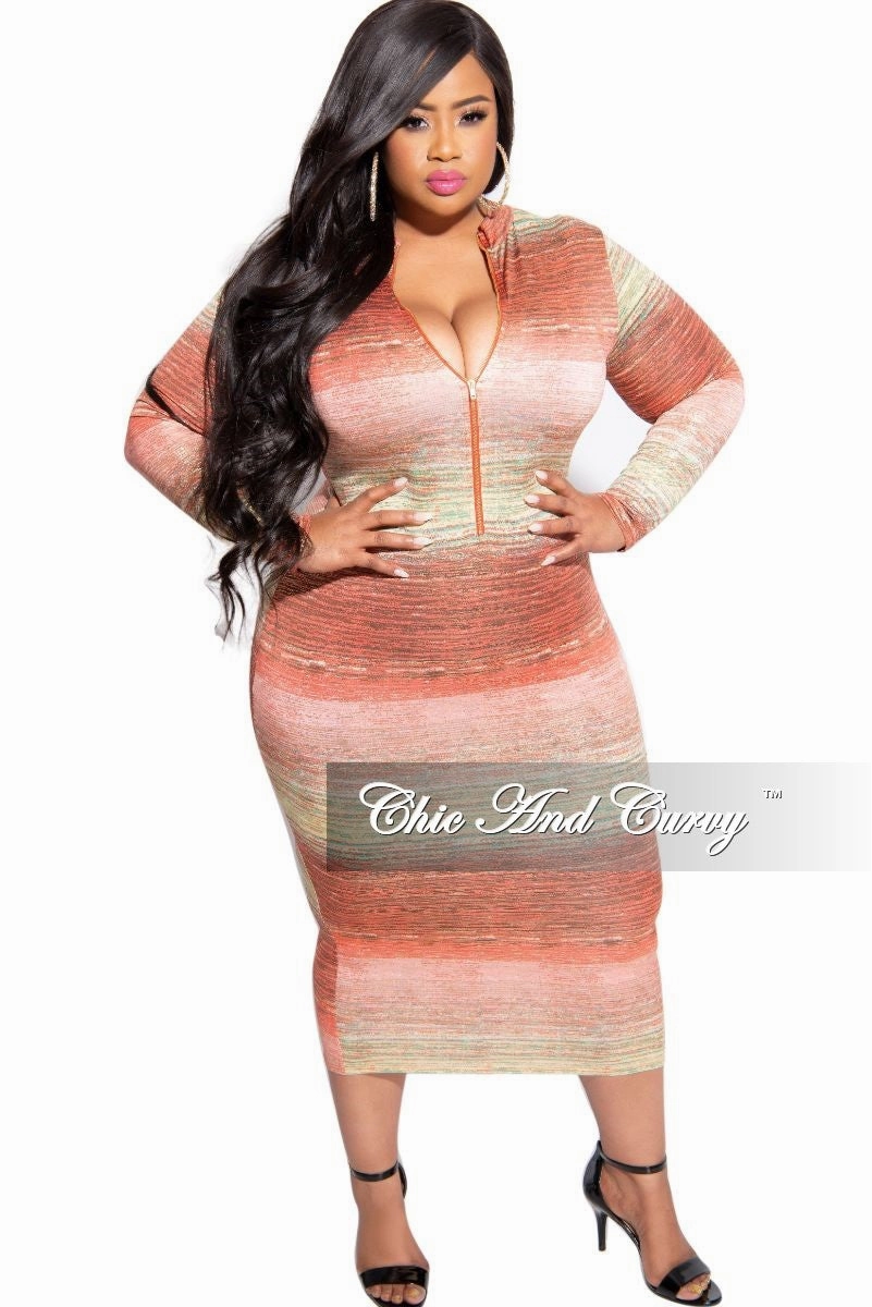 Sport Layer Hygienic Inner Layer Final Sale Plus Size Reversible BodyCon Dress in Orange Coral Green and Gold Print