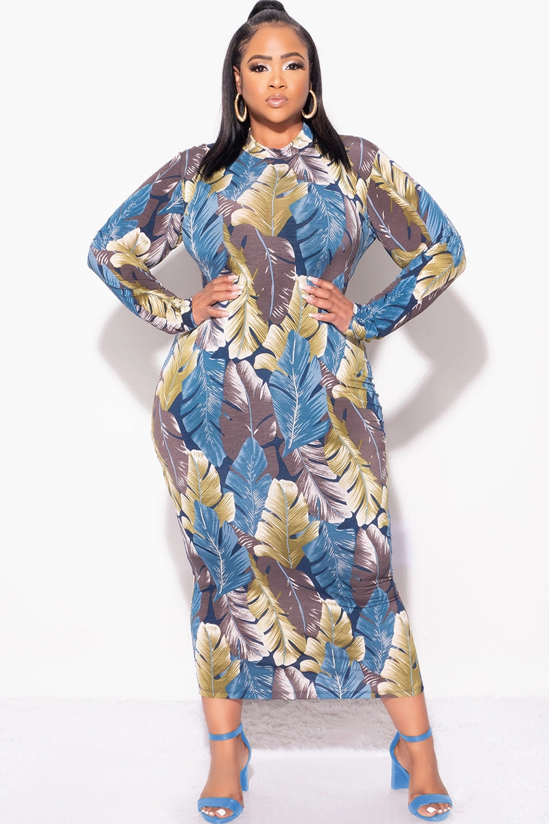 Active Design Modern Comfort Final Sale Plus Size Reversible BodyCon Midi Dress in Leaf Print
