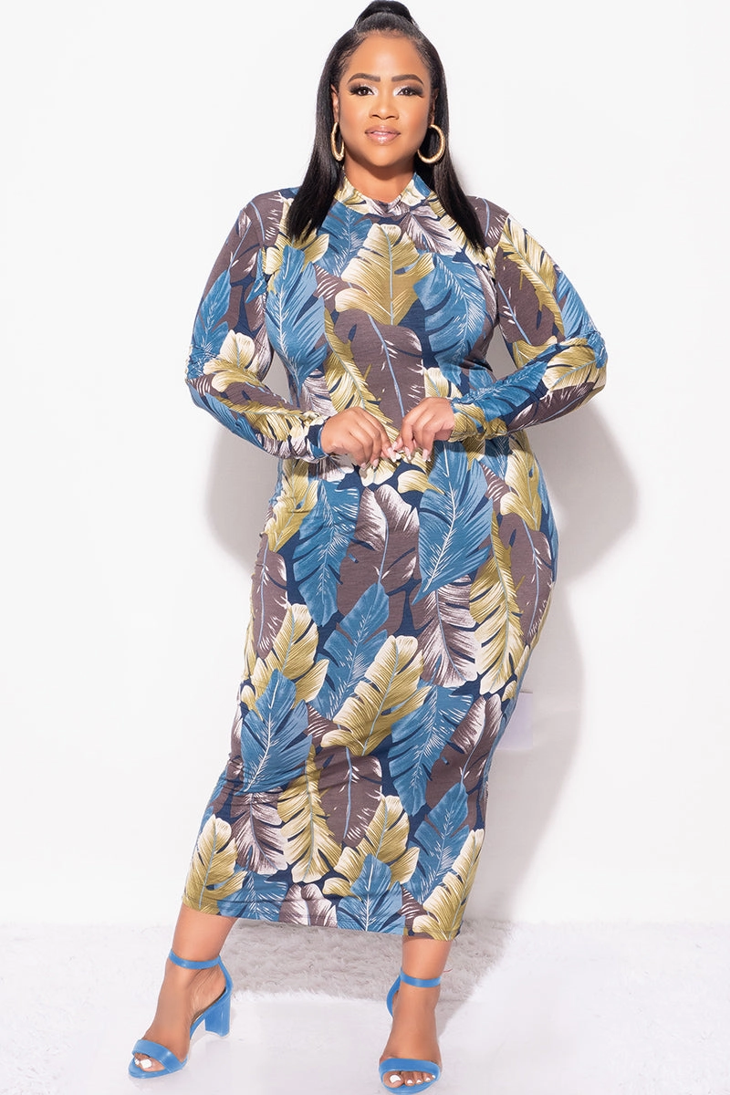 Final Sale Plus Size Reversible BodyCon Midi Dress in Leaf Print Hip Friendly Pockets DurableReinforcedMaterial