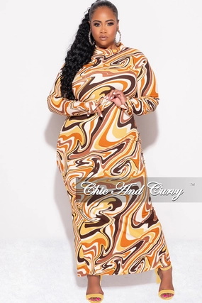 Final Sale Plus Size Reversible BodyCon Midi Dress in Mustard Multi Color Swirl Print All Fit