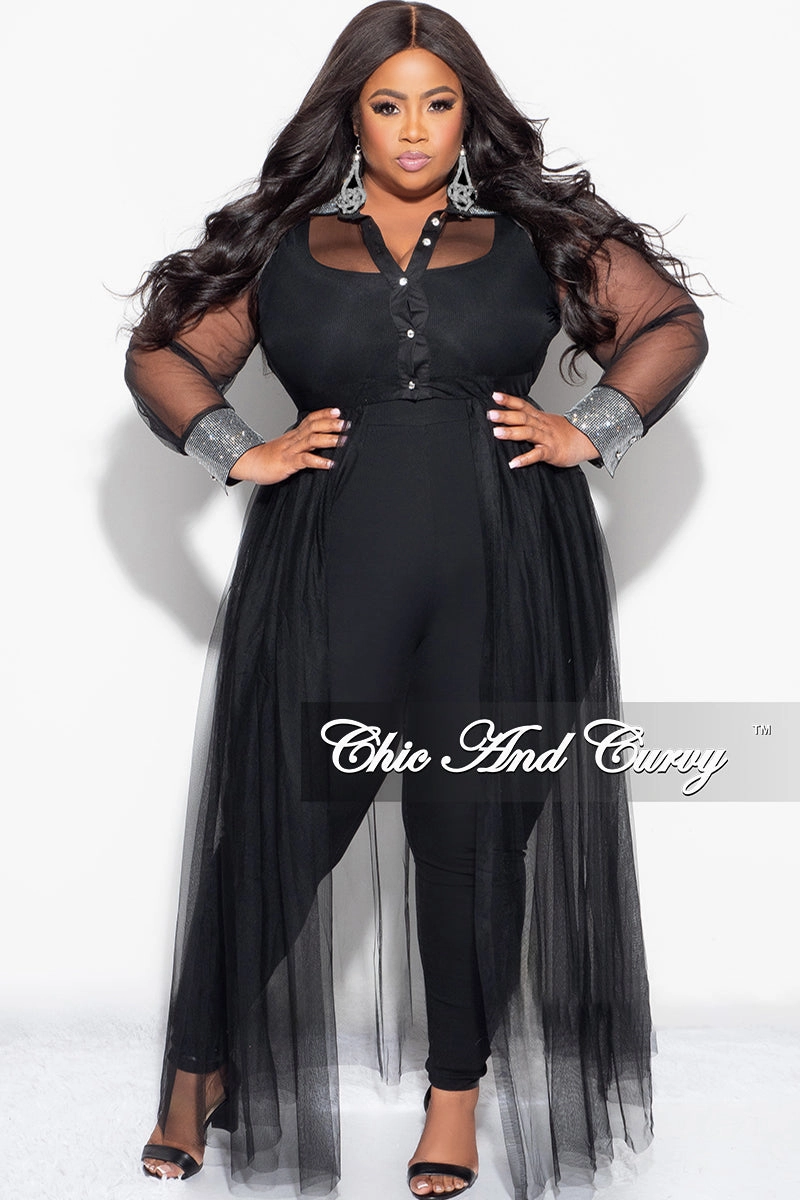 Final Sale Plus Size Rhinestone Cuffs & Collar Button Up Sheer Top in Black Temperature Regulating Fabric
