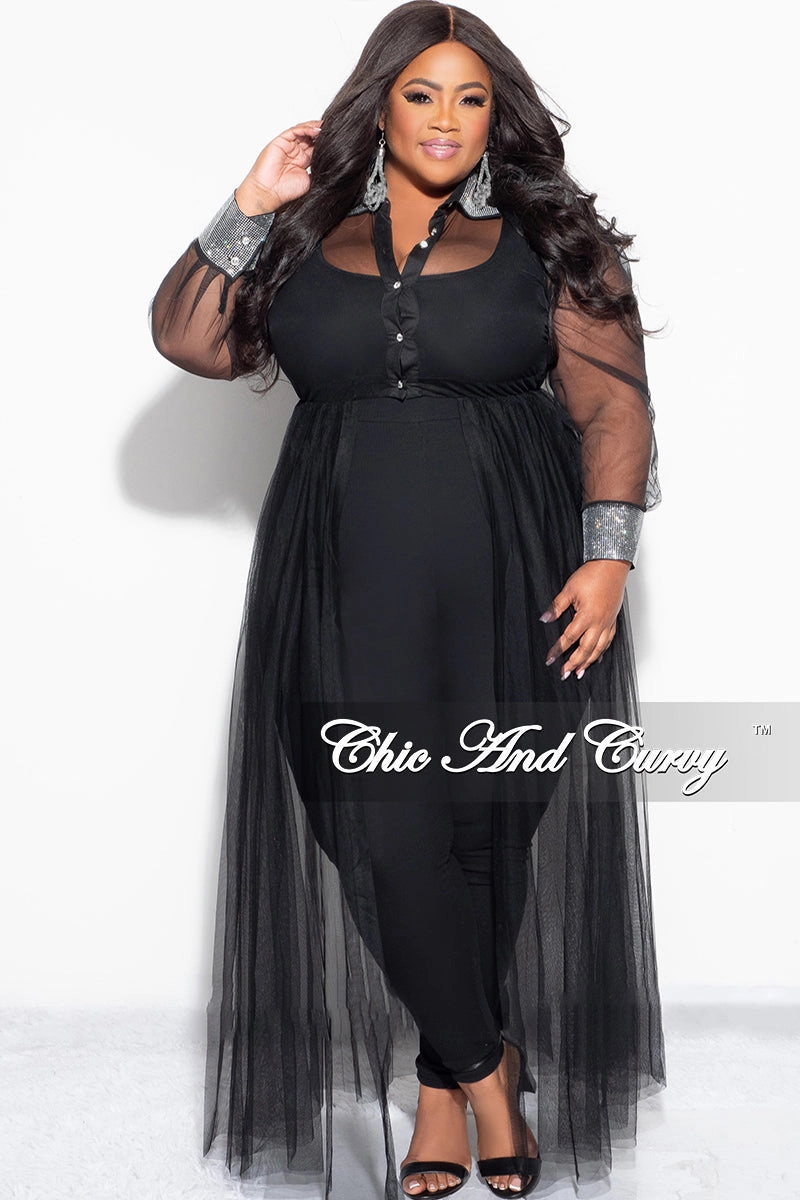 luxe feel Hypoallergenic fabric Final Sale Plus Size Rhinestone Cuffs & Collar Button Up Sheer Top in Black