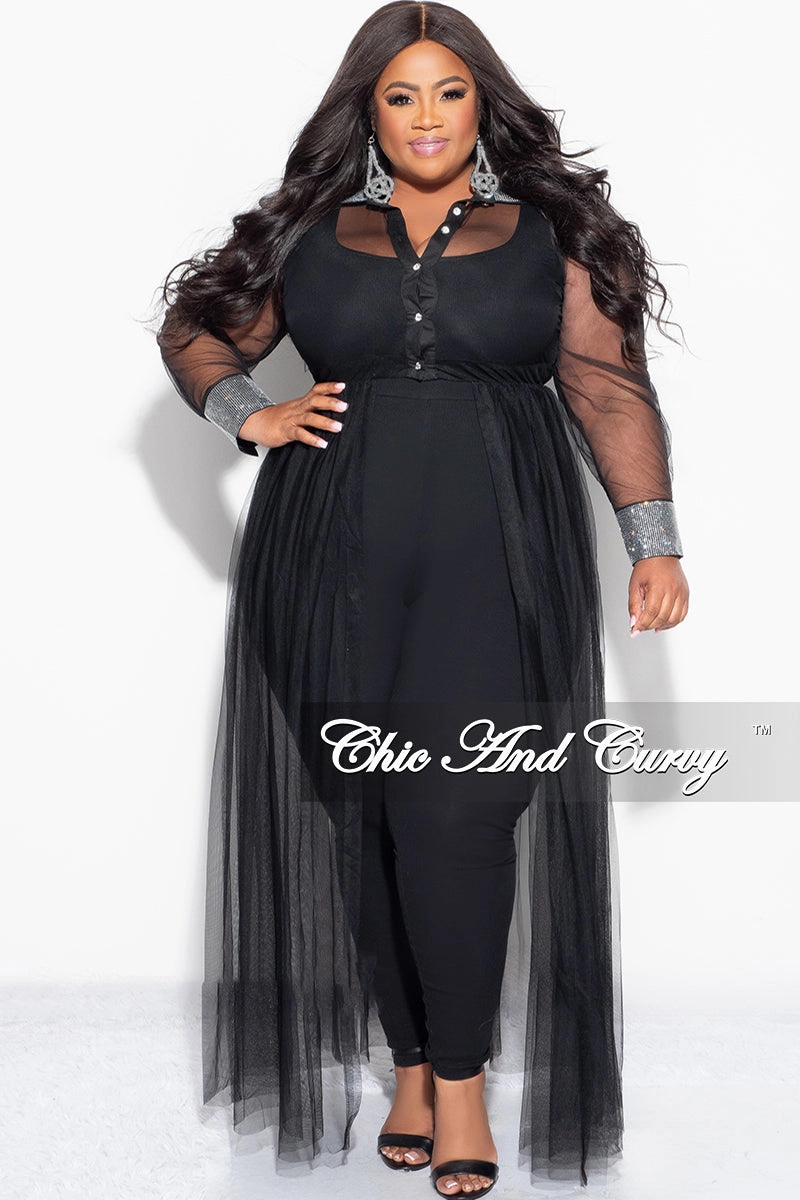 High Mobility Final Sale Plus Size Rhinestone Cuffs & Collar Button Up Sheer Top in Black