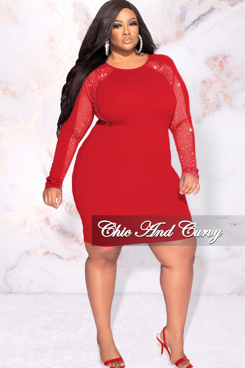 Cool Fabric Final Sale Plus Size Rhinestone Sheer Sleeve BodyCon Dress in Red
