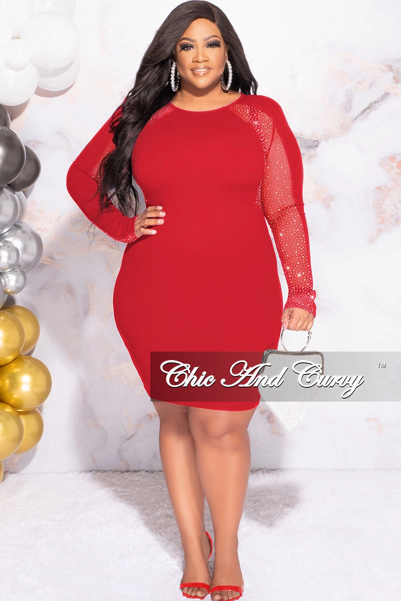 Casual Button-Down YarnDyeStripe Final Sale Plus Size Rhinestone Sheer Sleeve BodyCon Dress in Red