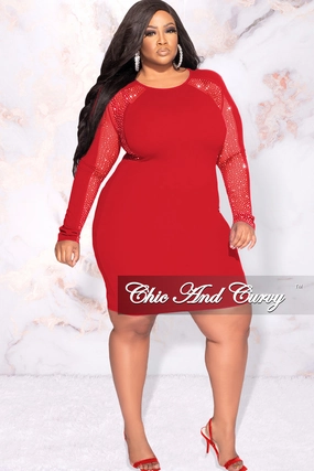 Cool Fabric Final Sale Plus Size Rhinestone Sheer Sleeve BodyCon Dress in Red