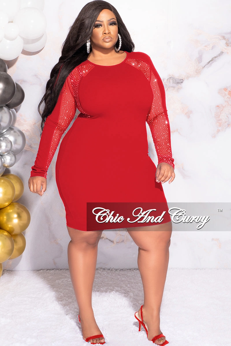 HighCollar Design EasyCareFabric Final Sale Plus Size Rhinestone Sheer Sleeve BodyCon Dress in Red