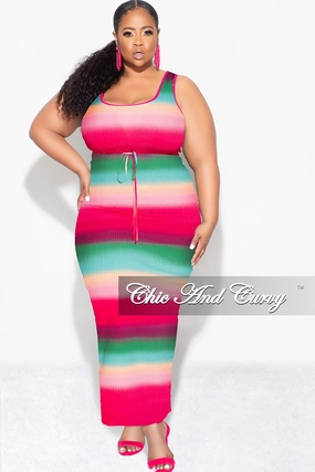 Final Sale Plus Size Ribbed 2pc Crop Drawstring Top and Pencil Skirt in Fuchsia Green and Orange Ultimate Wear Premium Quality