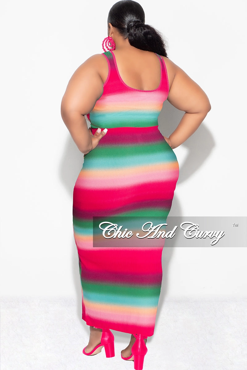 Layered Wear Final Sale Plus Size Ribbed 2pc Crop Drawstring Top and Pencil Skirt in Fuchsia Green and Orange