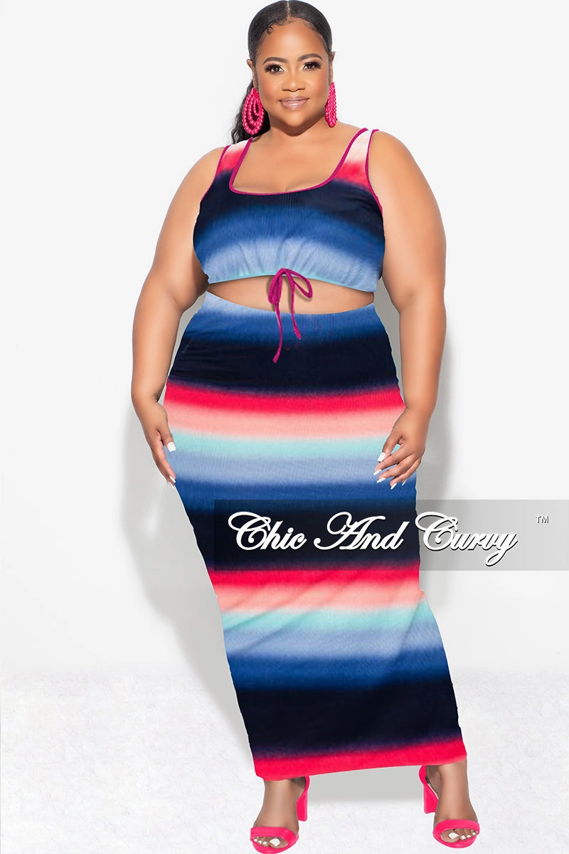 Final Sale Plus Size Ribbed 2pc Crop Drawstring Top and Pencil Skirt in Navy, Fuchsia , & Blue Cuffed hem Sport Wear Fit