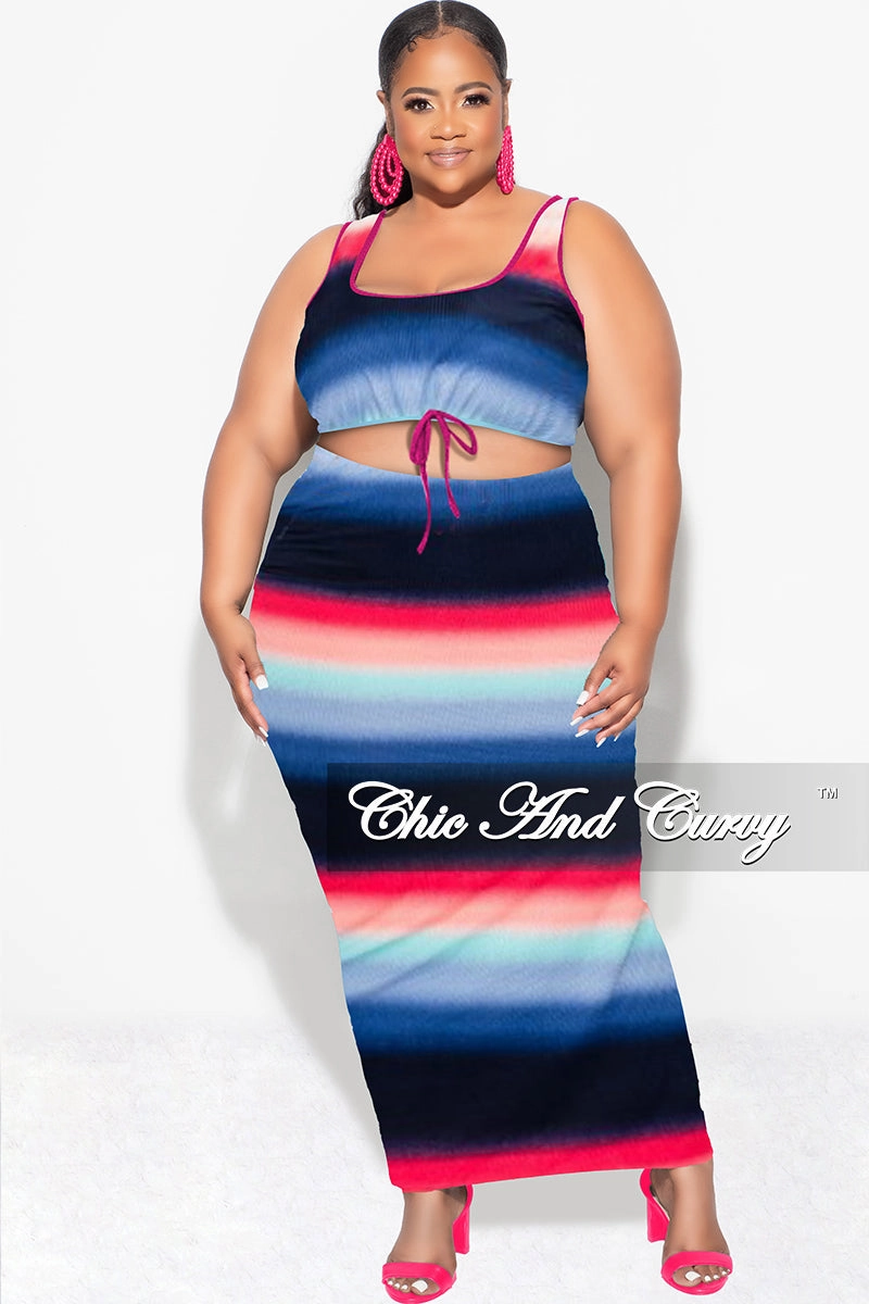 AntiStaticTreatment Final Sale Plus Size Ribbed 2pc Crop Drawstring Top and Pencil Skirt in Navy, Fuchsia , & Blue