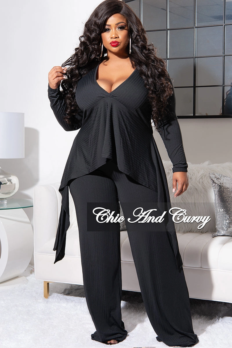 Final Sale Plus Size Ribbed 2pc Set with Peplum Front and Crop Back Top & Pants in Black Casual Comfort
