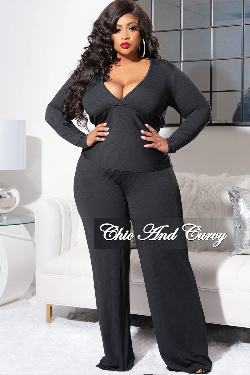 Final Sale Plus Size Ribbed 2pc Set with Peplum Front and Crop Back Top & Pants in Black Comfort for All