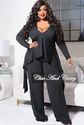 No Irritation Seams All-Purpose Wear Final Sale Plus Size Ribbed 2pc Set with Peplum Front and Crop Back Top & Pants in Black