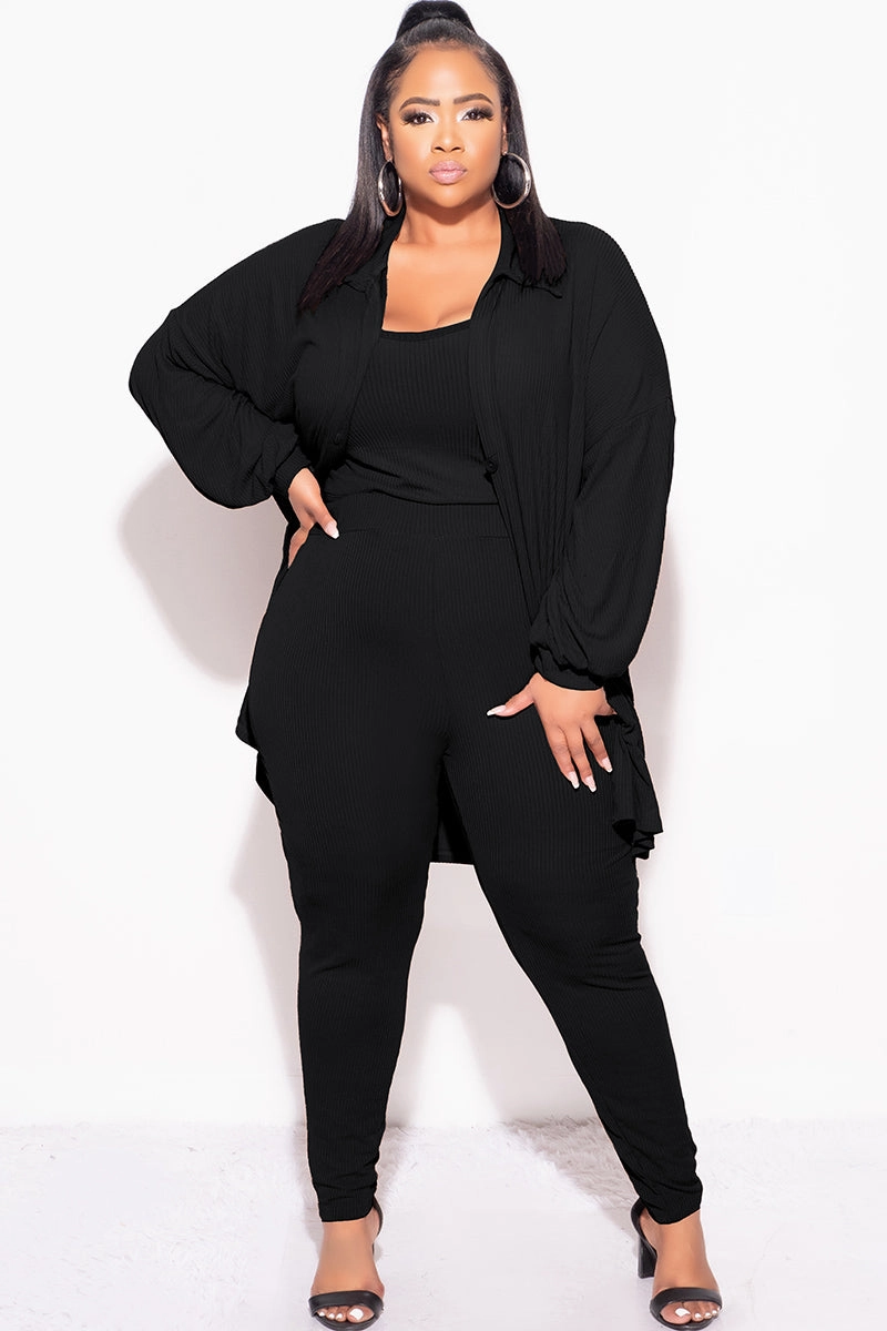 Anti Pilling Treatment Effortless Style Final Sale Plus Size Ribbed 3pc Set Cardigan, Tank Crop Top, & Pants in Black