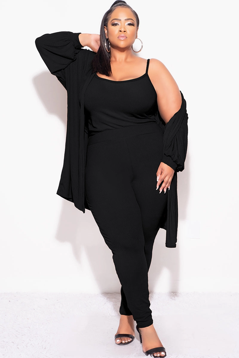 Skinny Fit Slim Profile Final Sale Plus Size Ribbed 3pc Set Cardigan, Tank Crop Top, & Pants in Black