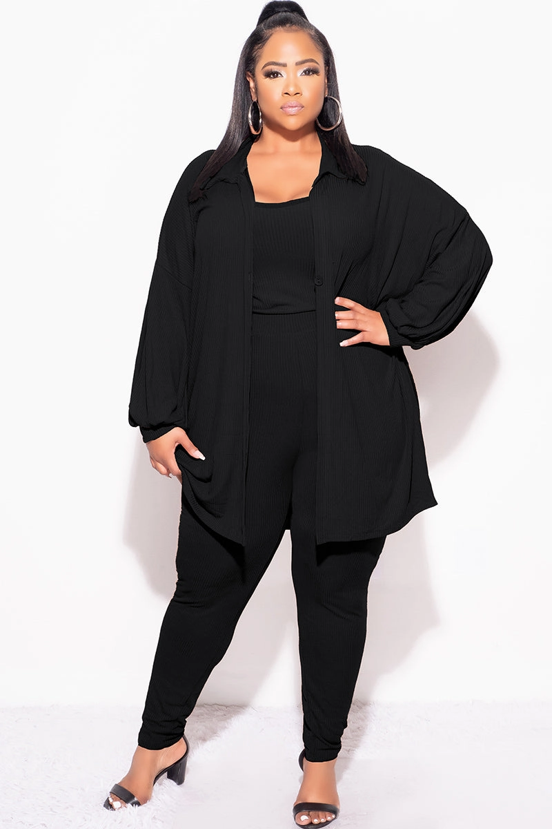 Final Sale Plus Size Ribbed 3pc Set Cardigan, Tank Crop Top, & Pants in Black RipstopFabric StainResistantFinish