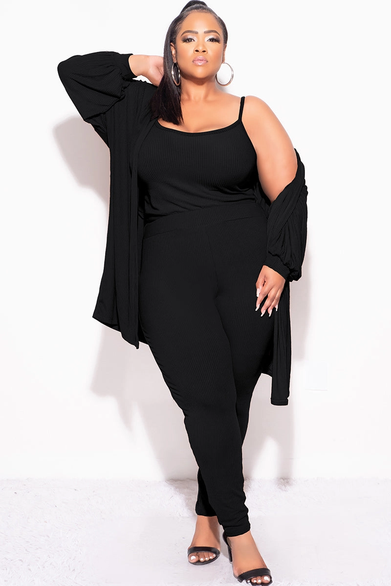 Final Sale Plus Size Ribbed 3pc Set Cardigan, Tank Crop Top, & Pants in Black Smart Fit Fashion Comfort Wear