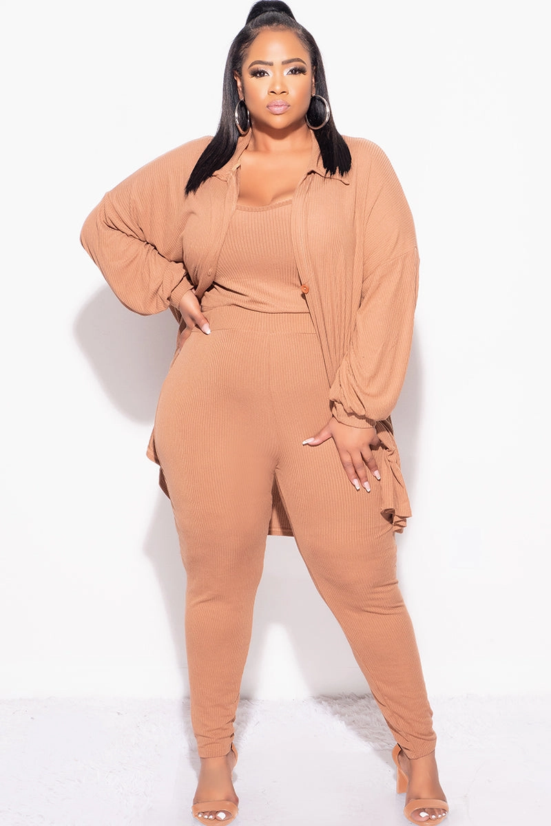 Indoor Comfort Final Sale Plus Size Ribbed 3pc Set Cardigan, Tank Crop Top, & Pants in Mocha