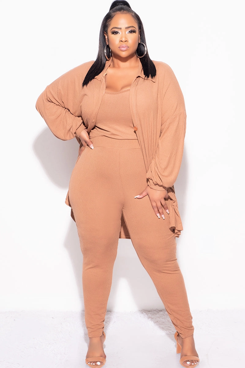 Chic Vibe Final Sale Plus Size Ribbed 3pc Set Cardigan, Tank Crop Top, & Pants in Mocha