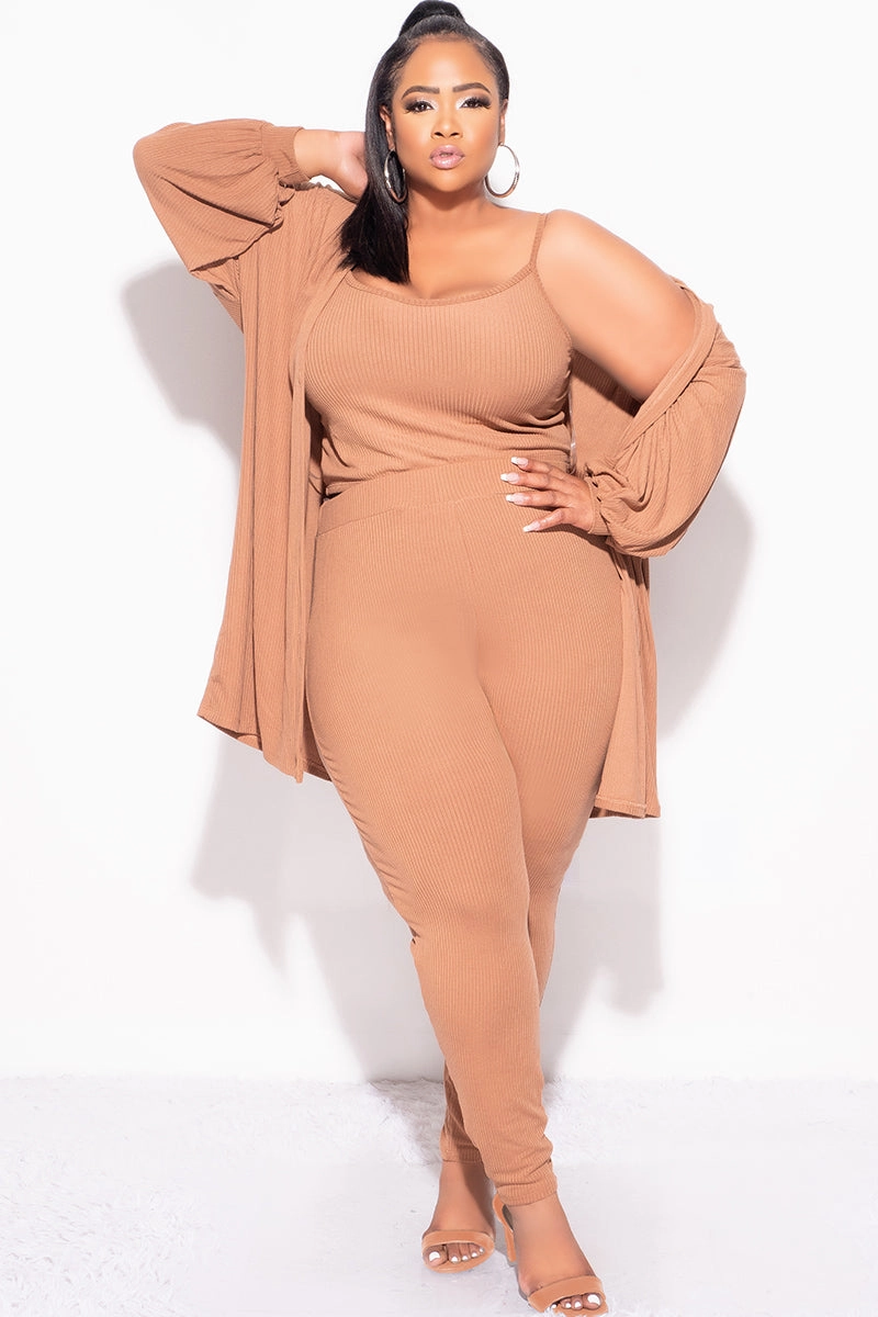Active Flex Final Sale Plus Size Ribbed 3pc Set Cardigan, Tank Crop Top, & Pants in Mocha