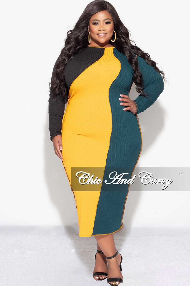 Urban Ready FlexibleStretchWeave Final Sale Plus Size Ribbed BodyCon Colorblock Midi Dress with Outer Seams in Green Mustard and Black