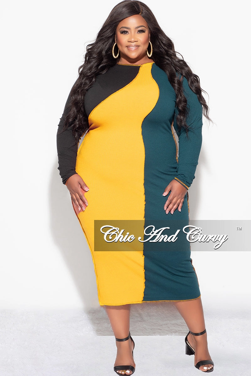 Final Sale Plus Size Ribbed BodyCon Colorblock Midi Dress with Outer Seams in Green Mustard and Black Soft Brushed Lining Flat Lock Seams
