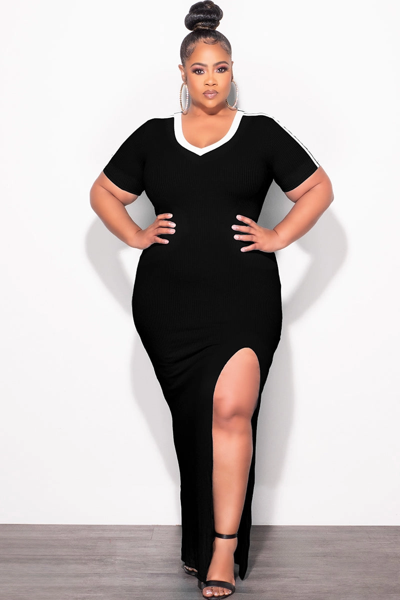 clean look Final Sale Plus Size Ribbed BodyCon Colorblock with Front Slit Black