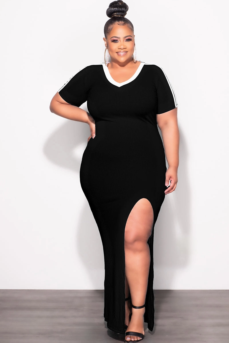 Active Comfort Fit ReinforcedStitching Final Sale Plus Size Ribbed BodyCon Colorblock with Front Slit Black