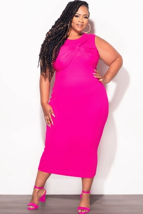 Relaxed Vibe Final Sale Plus Size Ribbed BodyCon Dress in Fuchsia