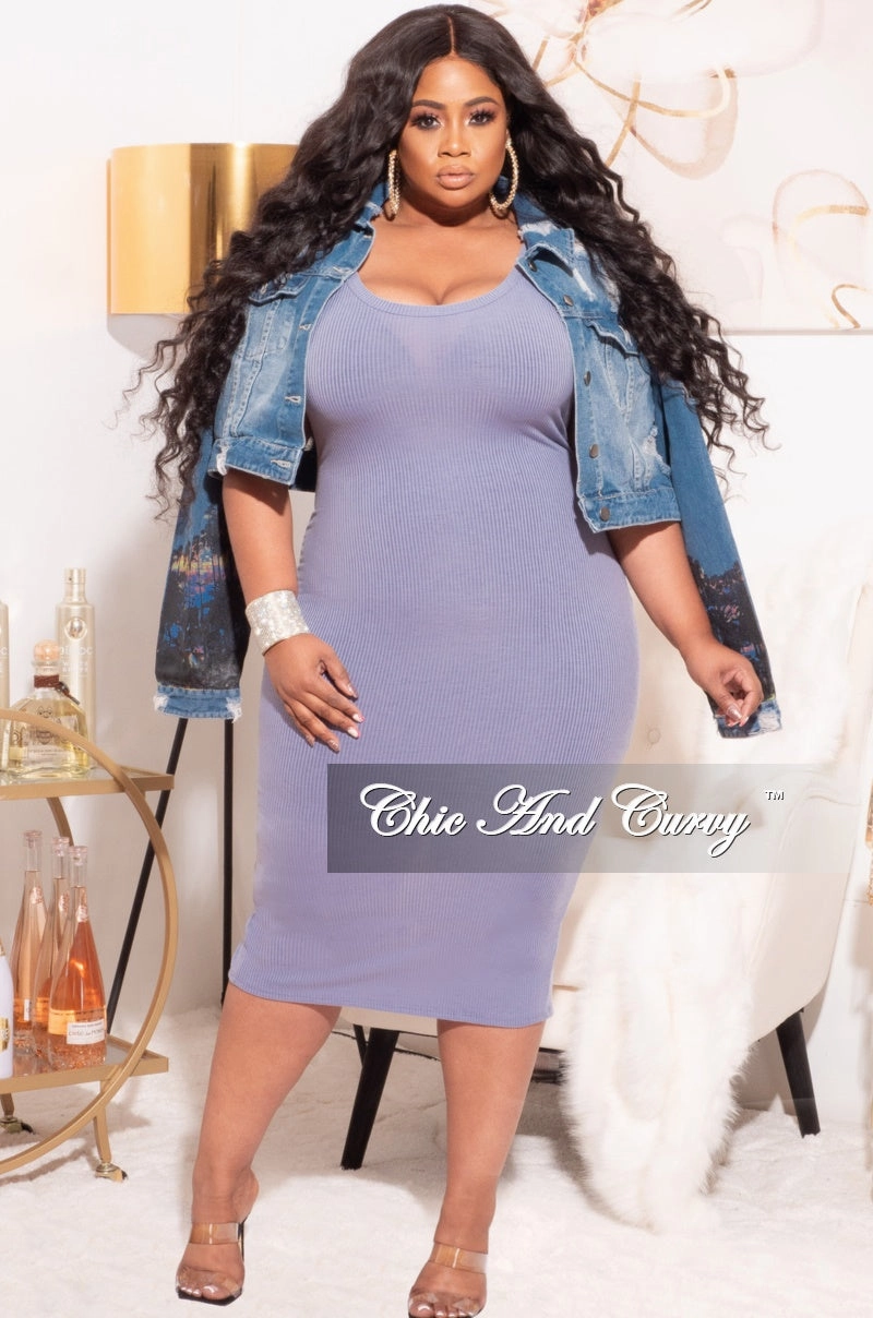 Durable Hemming Mid Rise Final Sale Plus Size Ribbed BodyCon Tank Dress in Blue Lilac