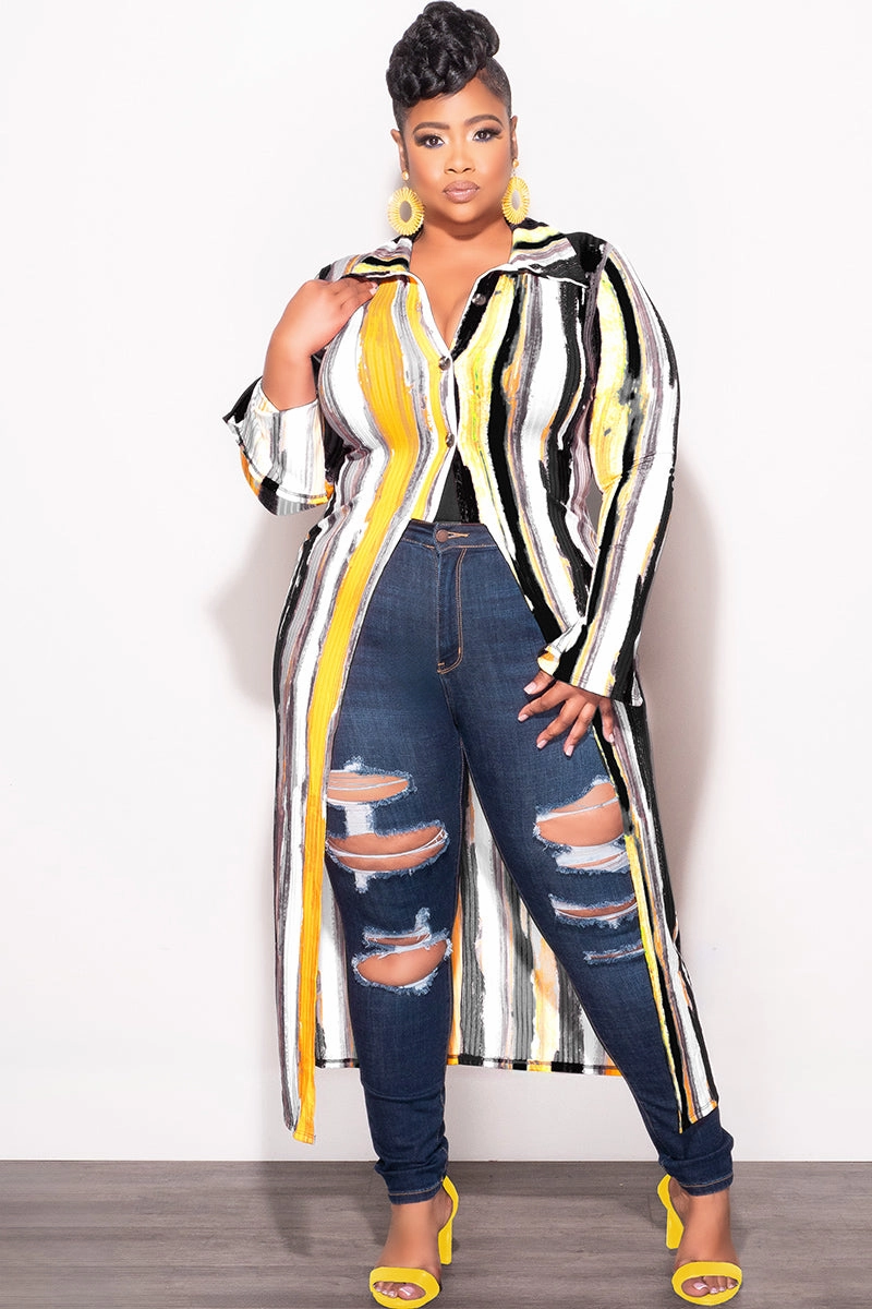 Final Sale Plus Size Ribbed Collar Button Up High-Low Top in Mustard Black and White Elastic Free Cuffs Light Design