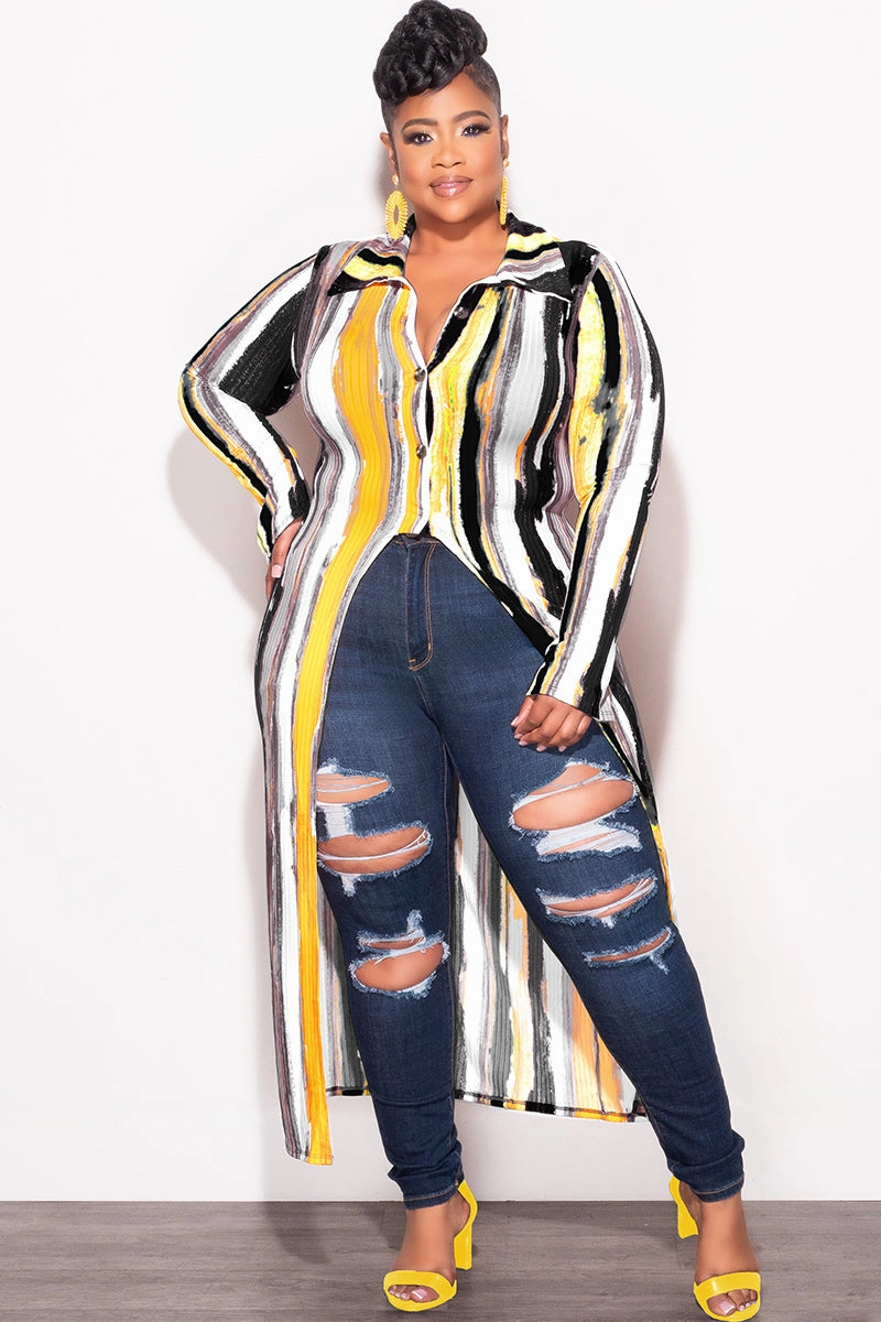 Work Comfort Feminine Fit Final Sale Plus Size Ribbed Collar Button Up High-Low Top in Mustard Black and White