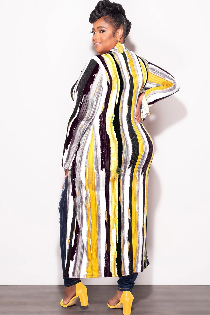 Cool Comfort DurableReinforcedMaterial Final Sale Plus Size Ribbed Collar Button Up High-Low Top in Mustard Black and White