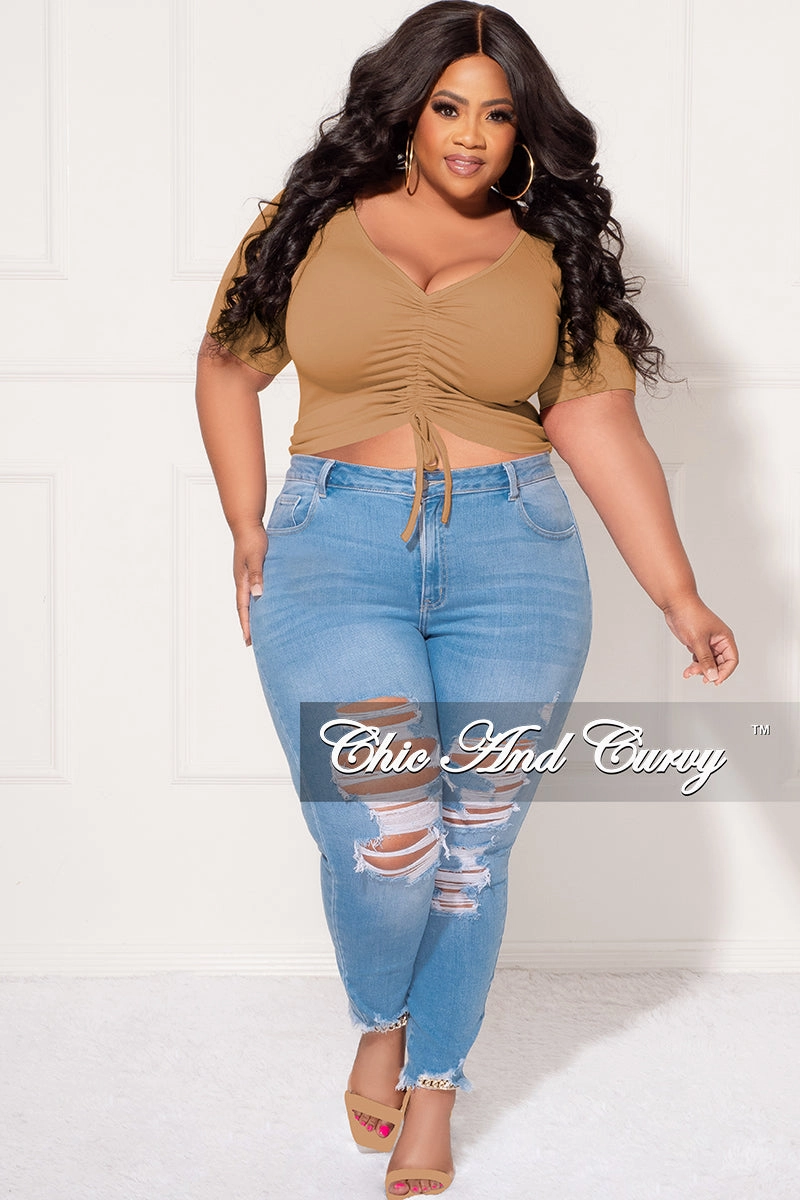 Final Sale Plus Size Ribbed Drawstring Top in Camel Body shaping