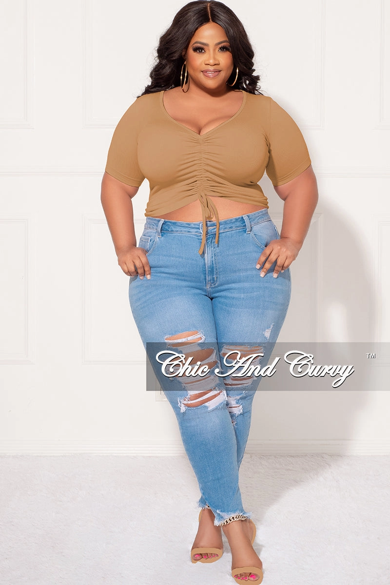 Flattering Look Final Sale Plus Size Ribbed Drawstring Top in Camel