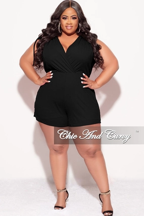 Final Sale Plus Size Ribbed Faux Wrap Romper in Black stain resistant coating