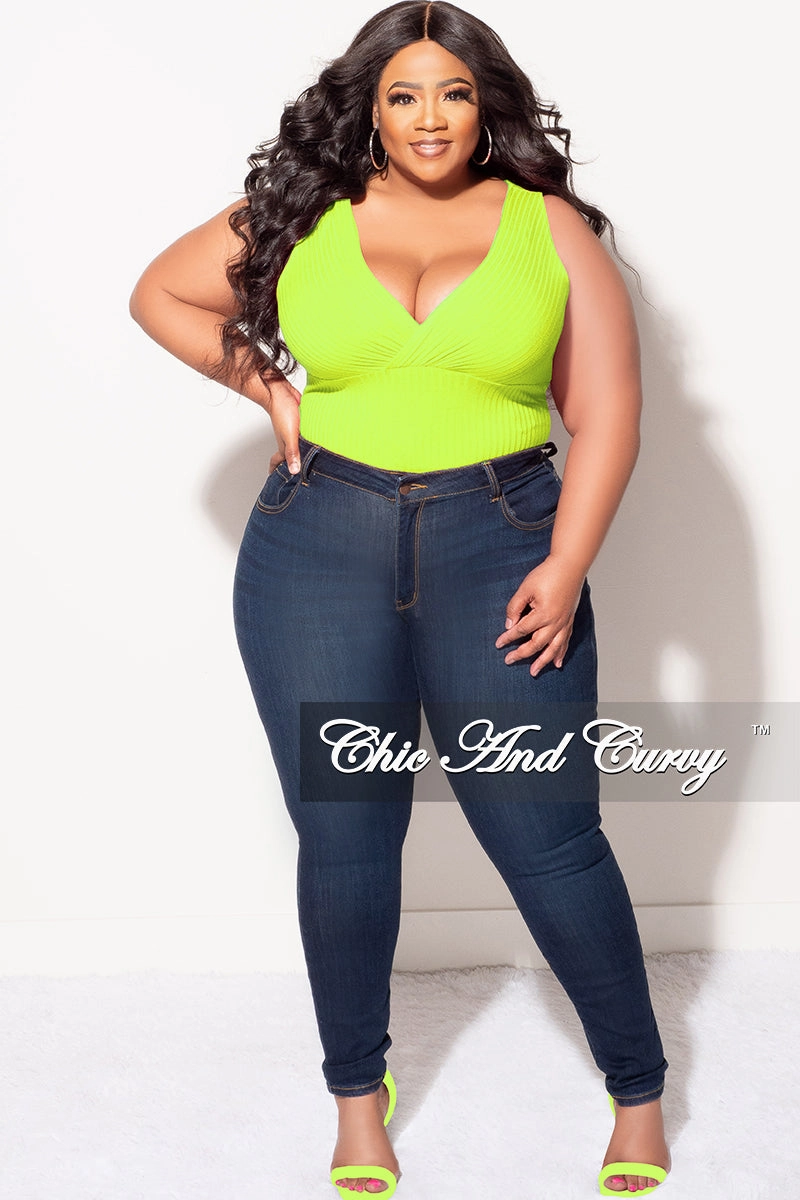 Perfect Layer Non Irritating Final Sale Plus Size Ribbed Faux Wrap Sleeveless Bodysuit in Neon Green