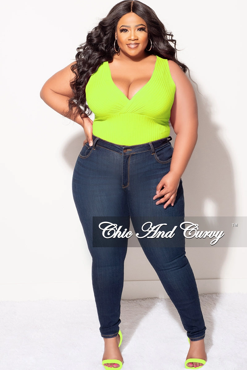 Final Sale Plus Size Ribbed Faux Wrap Sleeveless Bodysuit in Neon Green Non Slip Waist Grip LowProfileWaistband
