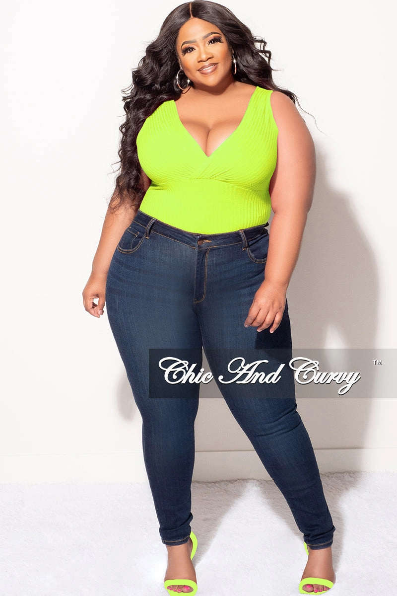 Final Sale Plus Size Ribbed Faux Wrap Sleeveless Bodysuit in Neon Green Minimal Edge